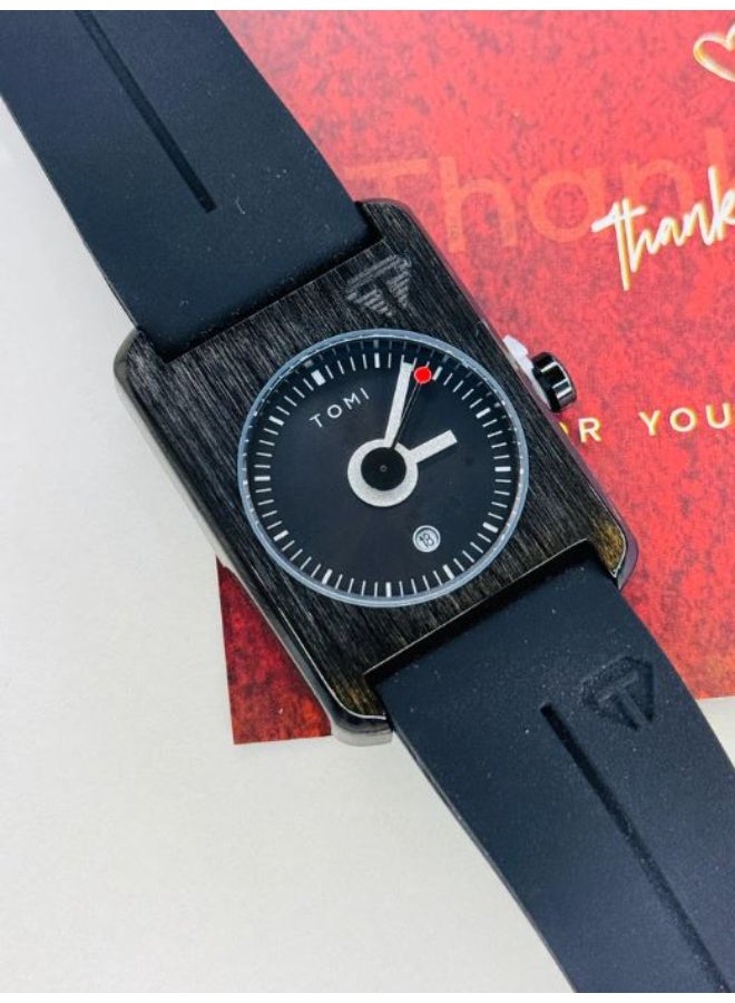 TOMI Men’s Minimalist Wristwatch – Square Dial Analog Watch with Date Display | Black Silicone Strap | Casual & Formal Style - Image 3