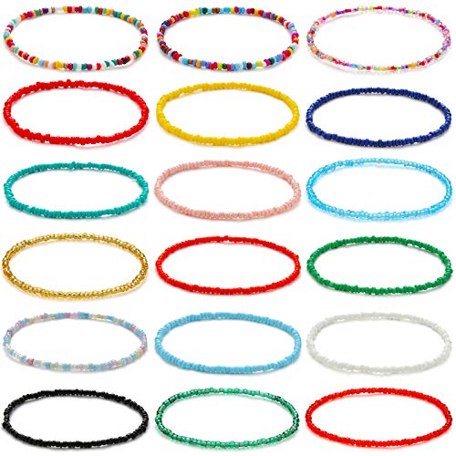 XIJIN 18 Pieces Elastic Beaded Anklets for Women Handmade Beach Boho Colorful Beads Ankle Bracelets Set - Image 1