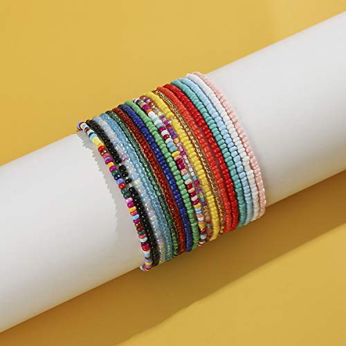 XIJIN 18 Pieces Elastic Beaded Anklets for Women Handmade Beach Boho Colorful Beads Ankle Bracelets Set - Image 3