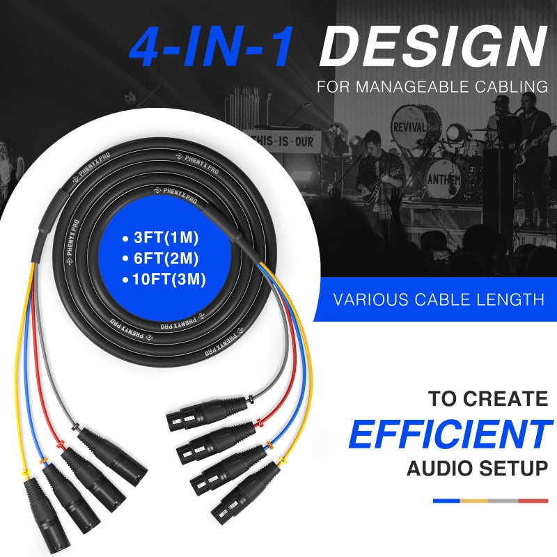 Phenyx Pro 10 Ft XLR Snake Cable, Color-Coded Patch Wire, 4-Channel Male to Female XLR Cable w/OFC Copper, XLR Splitter Balanced Microphone Cord for Mixer, IEM, Mic System (PCBL-4IN1-10) - Image 2