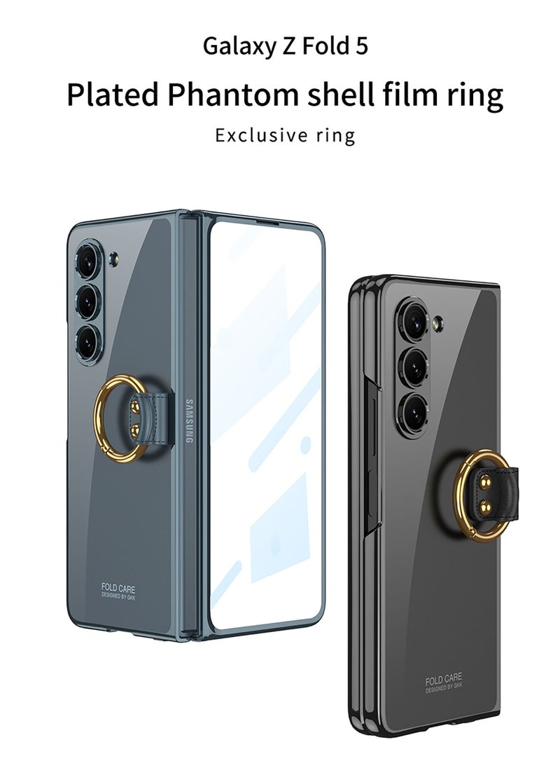 جراب حامل حلقي مطلي كهربائيًا بلون سادة لهاتف Galaxy Z Fold 5، جراب حامل حلقي لهاتف Samsung Z Fold 5 باللون الأزرق