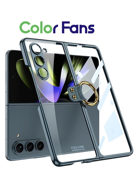 جراب حامل حلقي مطلي كهربائيًا بلون سادة لهاتف Galaxy Z Fold 5، جراب حامل حلقي لهاتف Samsung Z Fold 5 باللون الأزرق
