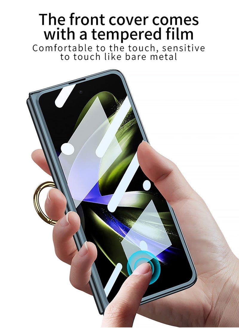جراب حامل حلقي مطلي كهربائيًا بلون سادة لهاتف Galaxy Z Fold 5، جراب حامل حلقي لهاتف Samsung Z Fold 5 باللون الأزرق