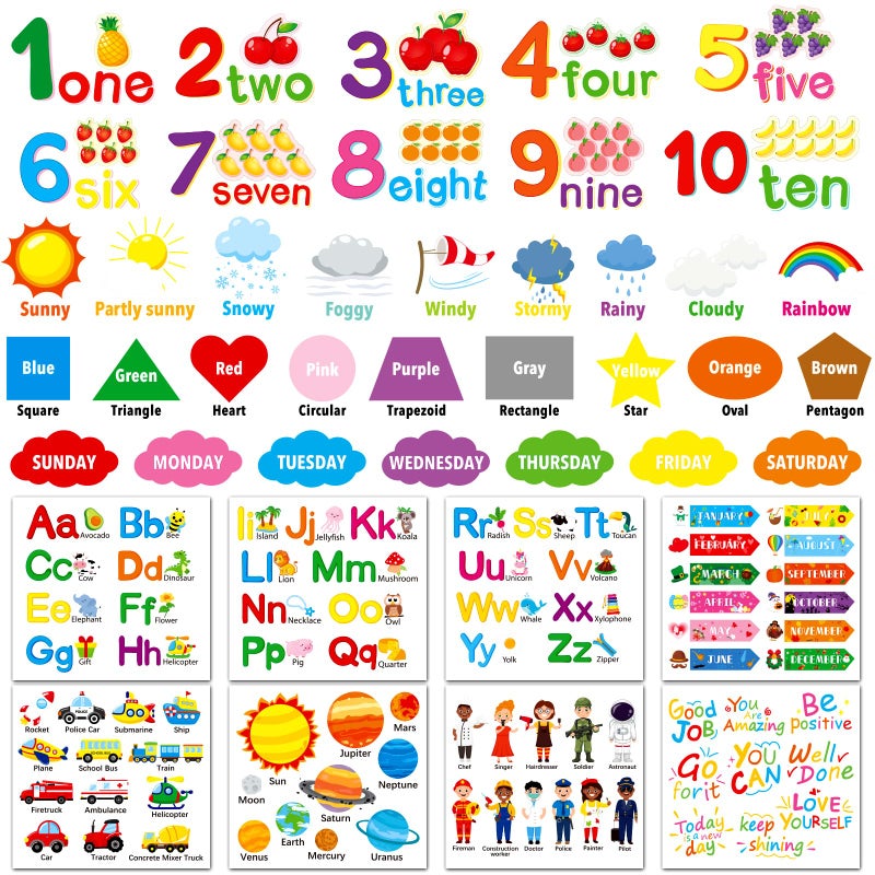 Alphabet Numbers Wall Decals 12 Sheets Color Weather Learning Educational Stickers Peel and Stick Solar System Shape Decals for Kids Toddlers Classroom Playroom Bedroom Decorations