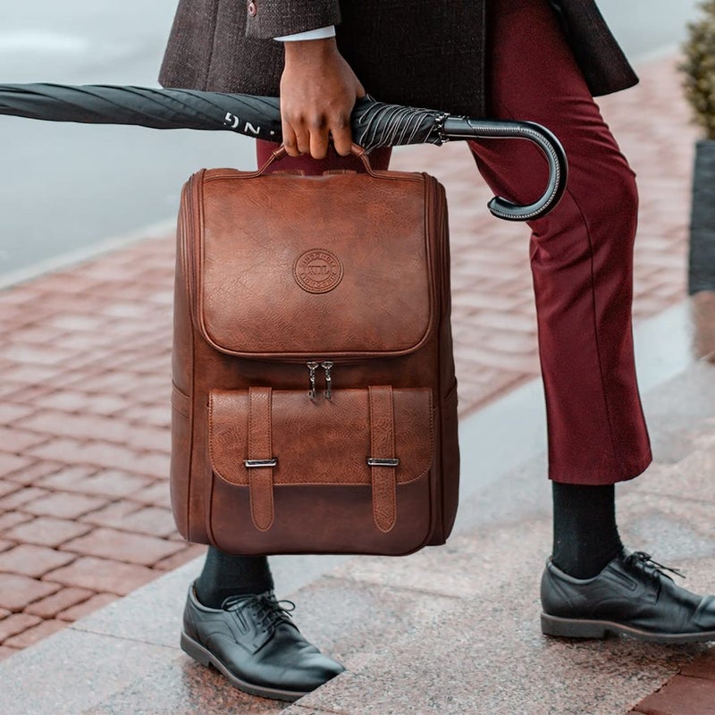 LOTCAIN LOTCAIN Vintage Faux Leather Backpack, Slim Laptop Backpack Travel Waterproof Pack Weekend Daypack Bag for Men Women,Brown  - Image 2