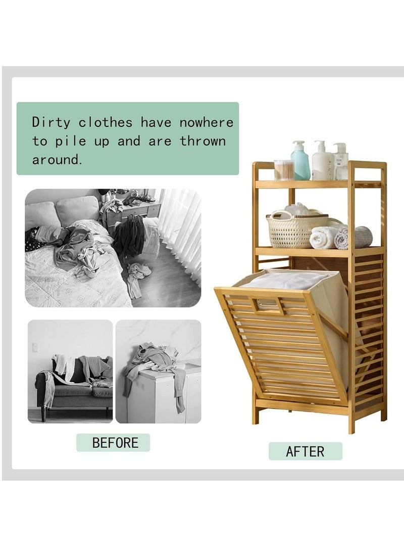 Decorhills - DECORHILLS Bamboo Laundry Hamper with 2-tier Shelves & Tilt-Out Basket, Laundry Baskets Organizer Hampers Bathroom Storage Shelf for Laundry Room, Bathroom, Nursery, Bedroom - Image 1