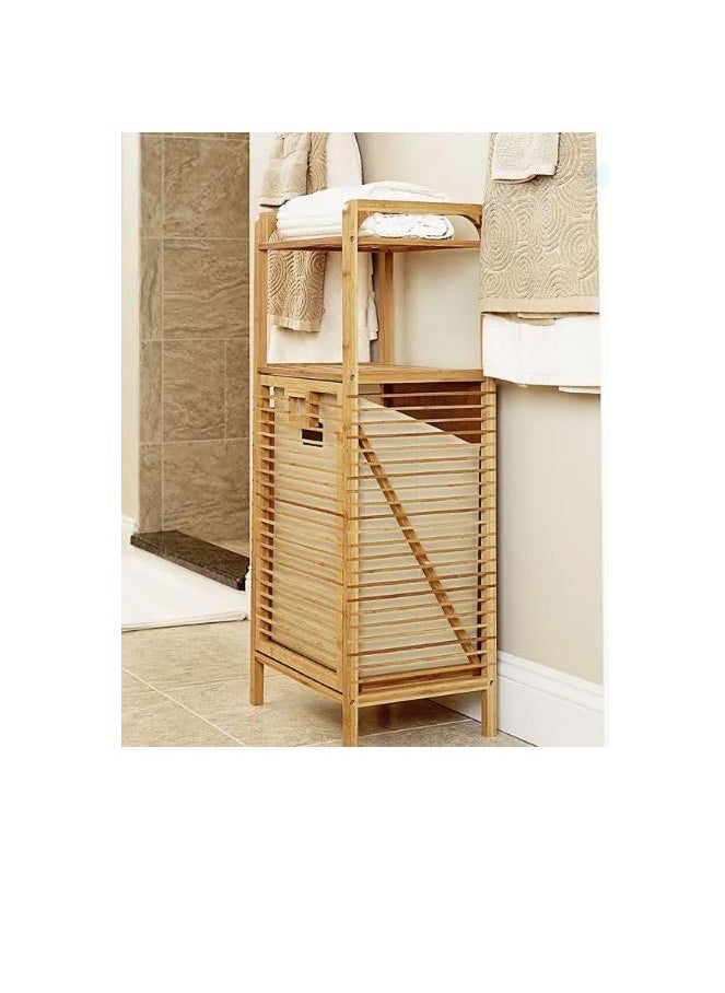 Decorhills - DECORHILLS Bamboo Laundry Hamper with 2-tier Shelves & Tilt-Out Basket, Laundry Baskets Organizer Hampers Bathroom Storage Shelf for Laundry Room, Bathroom, Nursery, Bedroom - Image 1