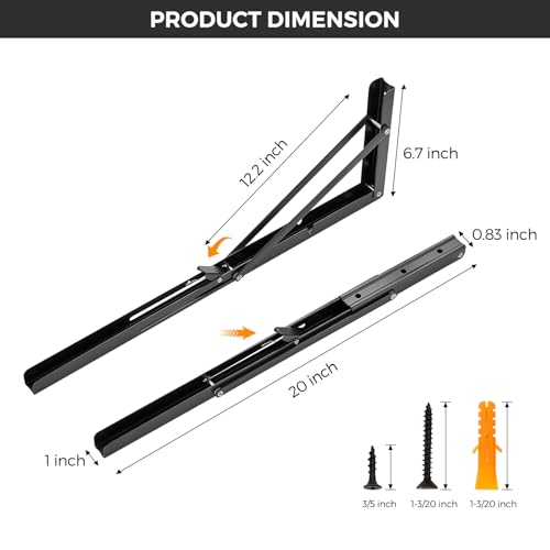 JOY DECOR 20 Inch Heavy Duty Folding Shelf Brackets, 2 Pack (1 Pair) Collapsible Wall Mounted Brackets for Fold Down Table, Stainless Steel Folding Table Hinge, Matte Black - Image 2