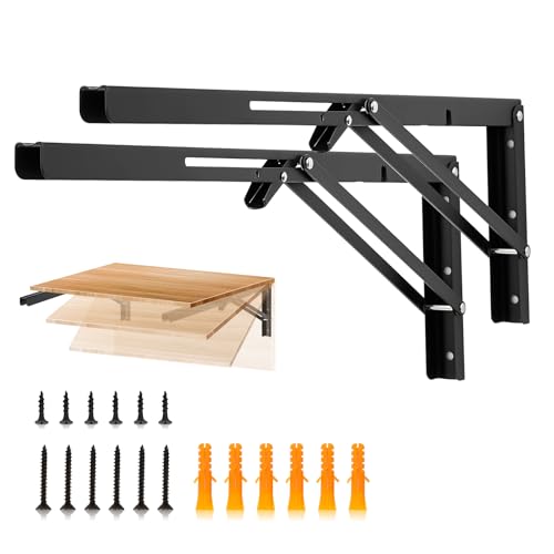 JOY DECOR 20 Inch Heavy Duty Folding Shelf Brackets, 2 Pack (1 Pair) Collapsible Wall Mounted Brackets for Fold Down Table, Stainless Steel Folding Table Hinge, Matte Black - Image 1