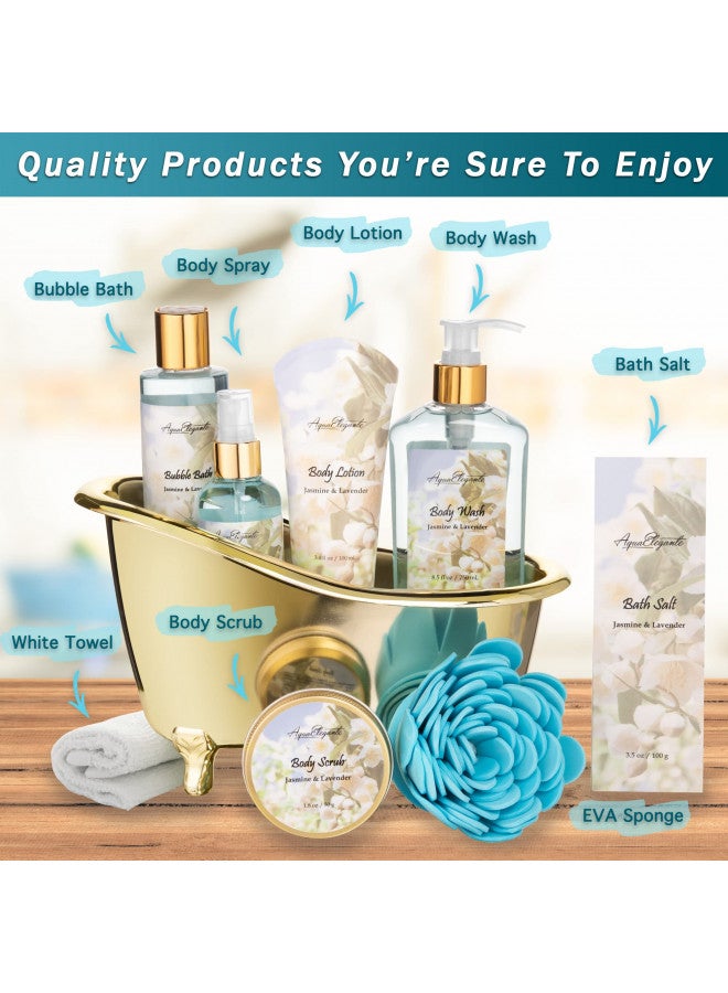 Aqua Elegante Spa Gift Baskets For Women - Luxury Bath Set With Jasmine & Lavender - Spa Kit Includes Body Wash, Bubble Bath, Lotion, Bath Salts, Body Scrub, Body Spray, Shower Puff, and Towel - Image 2