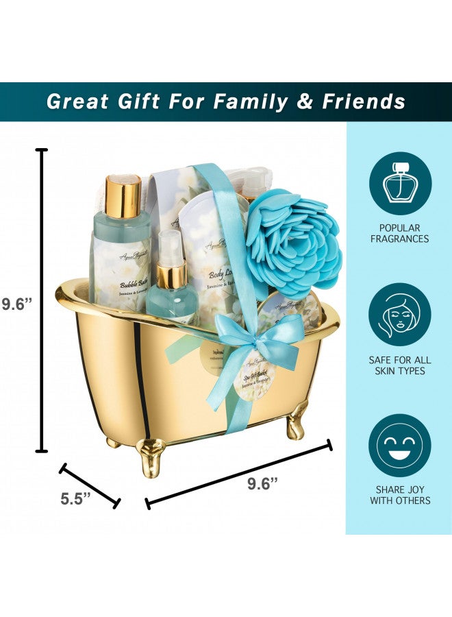 Aqua Elegante Spa Gift Baskets For Women - Luxury Bath Set With Jasmine & Lavender - Spa Kit Includes Body Wash, Bubble Bath, Lotion, Bath Salts, Body Scrub, Body Spray, Shower Puff, and Towel - Image 4