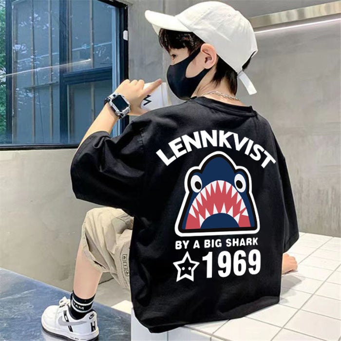 Boys' 2026 Colorful Letter Cotton Short-Sleeve T-Shirt For Older Children, Summer Loose And Simple New Style Boys' Top - Image 1