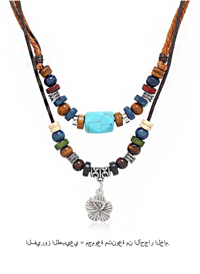Multilayer Braided Wooden Bead Necklace, Retro Turquoise Wax Rope Metallic Flowers Necklace (Colorful)