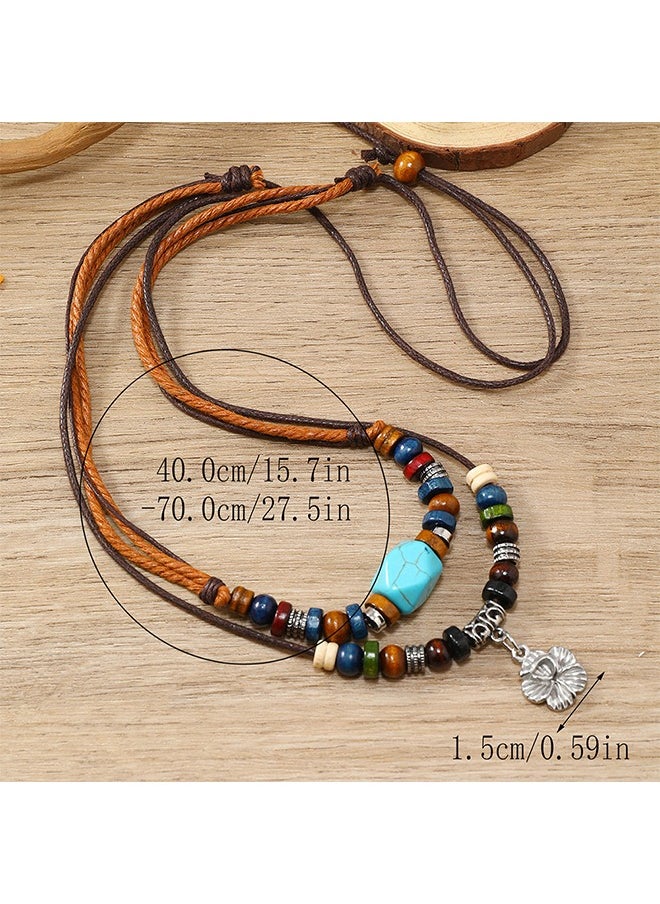 Multilayer Braided Wooden Bead Necklace, Retro Turquoise Wax Rope Metallic Flowers Necklace (Colorful)