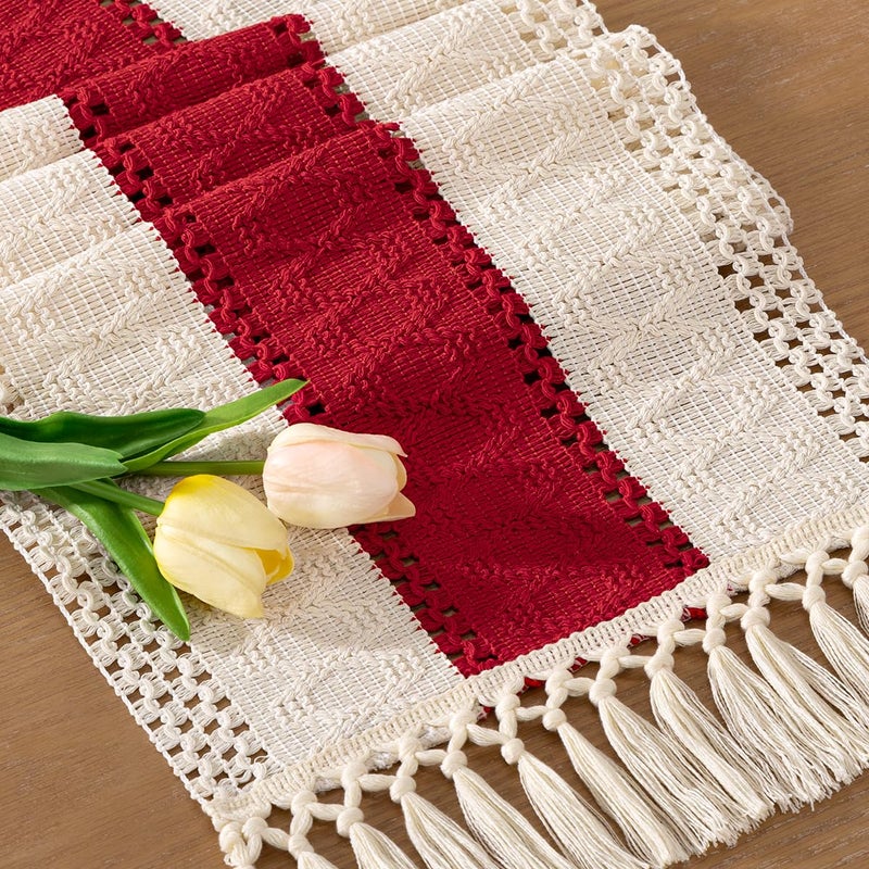 Socomi Boho Table Runner Valentine's Day Farmhouse Rustic Dining Kitchen Centerpiece Decor Small Macrame Woven Cotton Linen Coffee Table Runner for Dresser Scarf Home Decor 12x36 in Red Ivory - Image 1