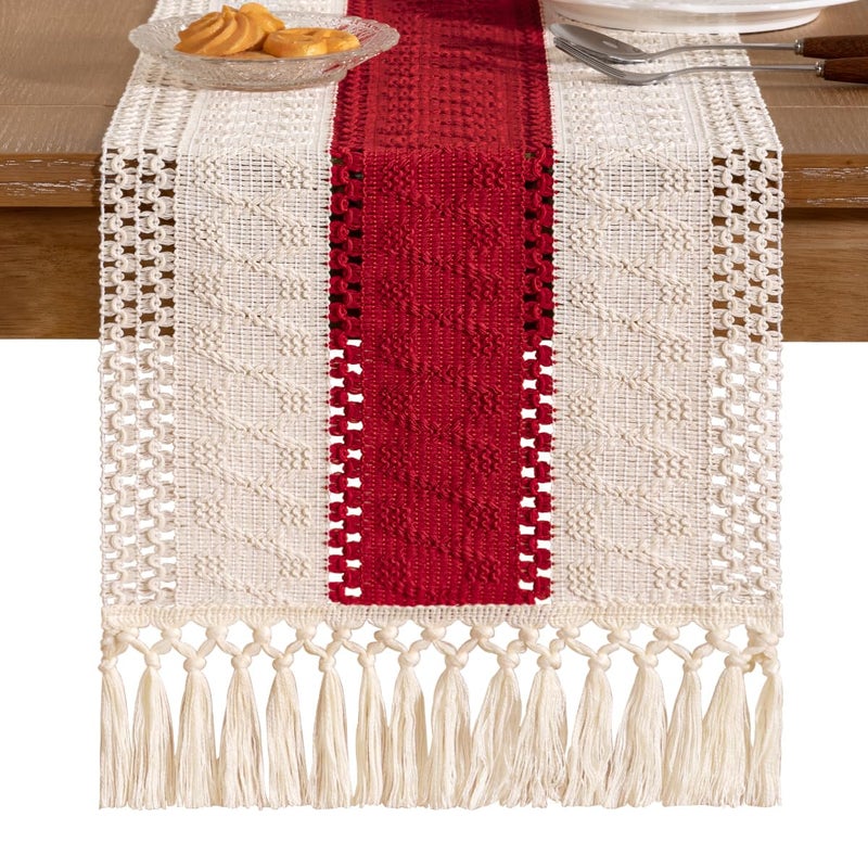Socomi Boho Table Runner Valentine's Day Farmhouse Rustic Dining Kitchen Centerpiece Decor Small Macrame Woven Cotton Linen Coffee Table Runner for Dresser Scarf Home Decor 12x36 in Red Ivory - Image 3