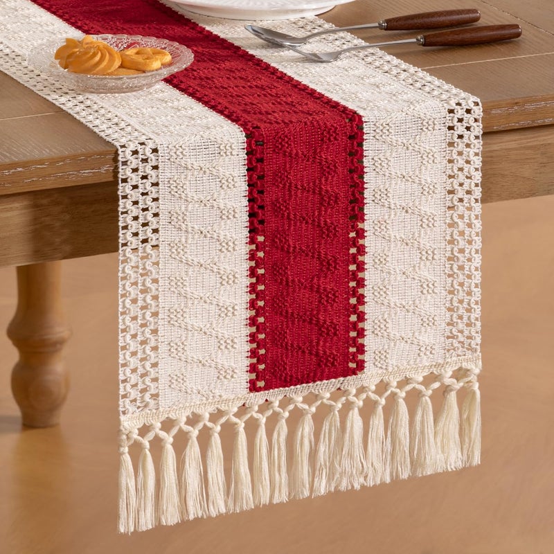 Socomi Boho Table Runner Valentine's Day Farmhouse Rustic Dining Kitchen Centerpiece Decor Small Macrame Woven Cotton Linen Coffee Table Runner for Dresser Scarf Home Decor 12x36 in Red Ivory - Image 4