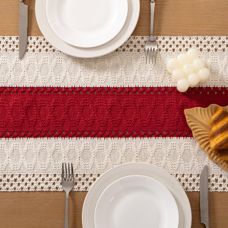 Socomi Boho Table Runner Valentine's Day Farmhouse Rustic Dining Kitchen Centerpiece Decor Small Macrame Woven Cotton Linen Coffee Table Runner for Dresser Scarf Home Decor 12x36 in Red Ivory - Image 5
