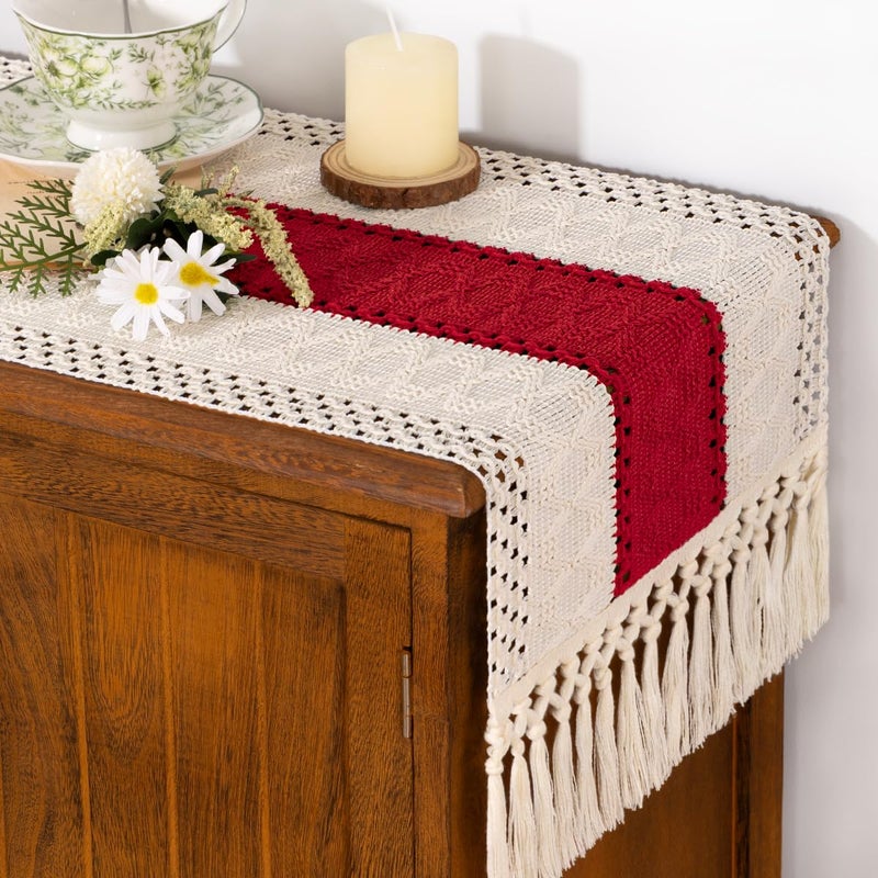 Socomi Boho Table Runner Valentine's Day Farmhouse Rustic Dining Kitchen Centerpiece Decor Small Macrame Woven Cotton Linen Coffee Table Runner for Dresser Scarf Home Decor 12x36 in Red Ivory - Image 2