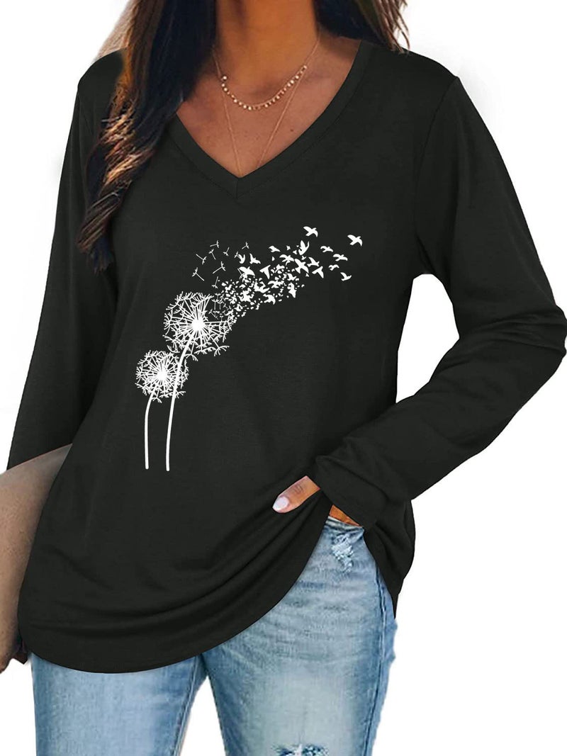 wsih casual women's clothing dandelion print stitching lace V-neck long sleeve T-shirt - Image 1