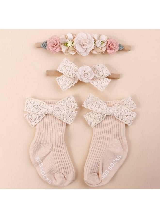 mligril mligril Baby Girls Headband & Socks Set, Cute Non Slip Cotton Socks with Flower Hair Bows Bowknot Style Baby Accessories Gifts for Newborn Infant Toddler - Image 2