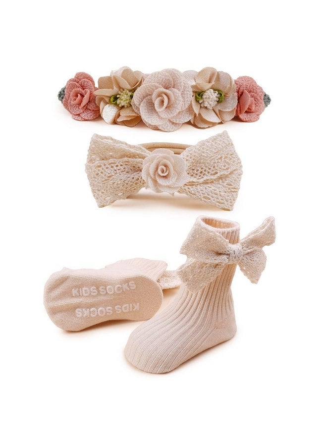 mligril mligril Baby Girls Headband & Socks Set, Cute Non Slip Cotton Socks with Flower Hair Bows Bowknot Style Baby Accessories Gifts for Newborn Infant Toddler - Image 1