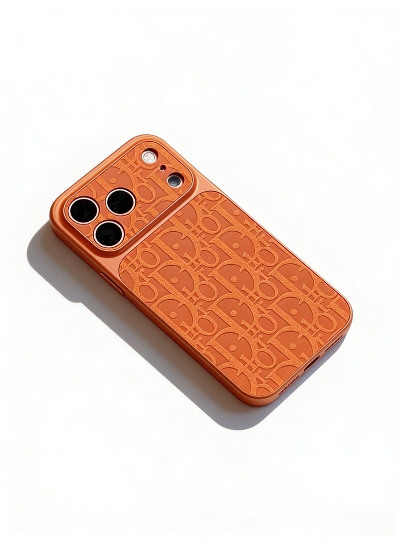 Dioralyte Dior Oblique Embossed Monogram Phone Case for iPhone 16/17 Pro Max | Luxury Orange Leather Texture Protective Cover with Camera Protection - Image 4