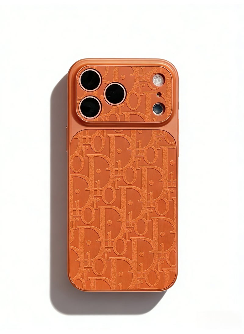 Dioralyte Dior Oblique Embossed Monogram Phone Case for iPhone 16/17 Pro Max | Luxury Orange Leather Texture Protective Cover with Camera Protection - Image 1