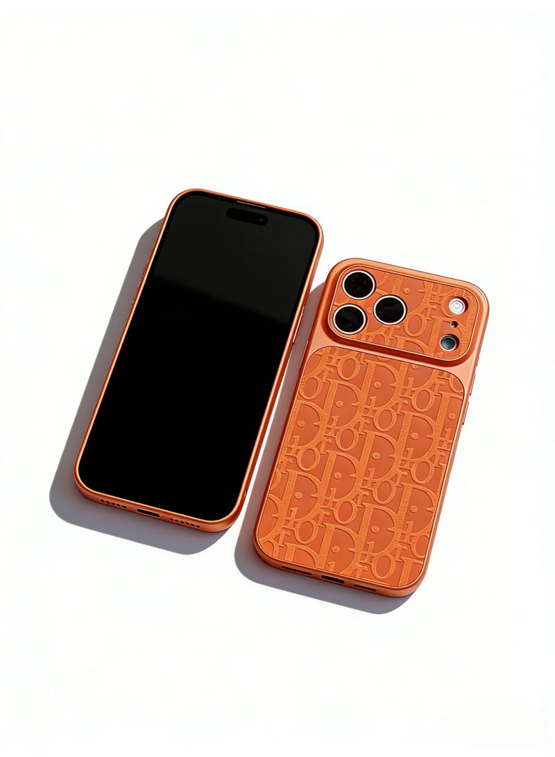 Dioralyte Dior Oblique Embossed Monogram Phone Case for iPhone 16/17 Pro Max | Luxury Orange Leather Texture Protective Cover with Camera Protection - Image 2