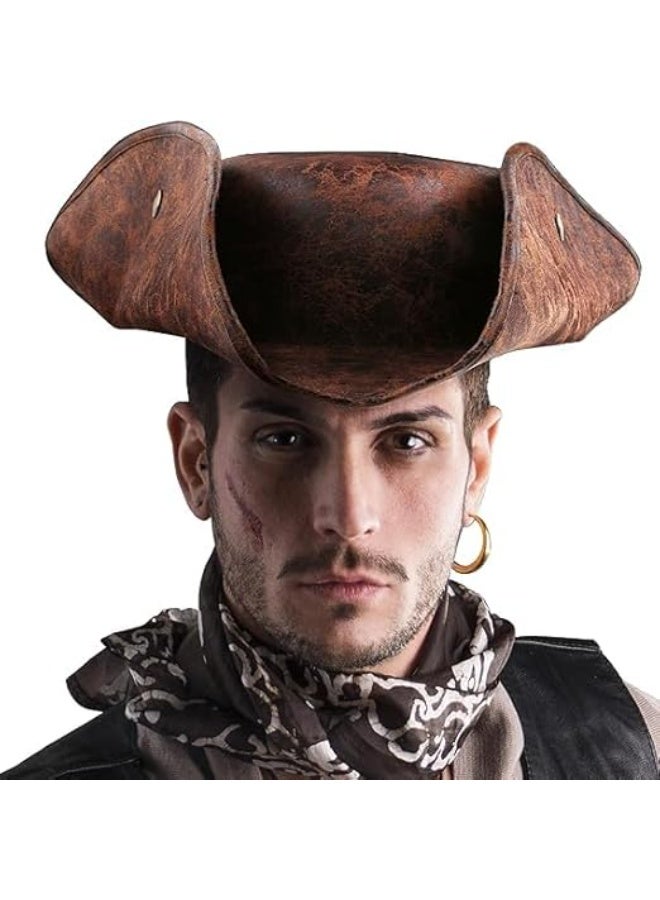 Pirate Tricorn Hat - Brown Faux Leather Vintage Wrinkle Distressed for Men Women - Cosplay and Party - Image 1