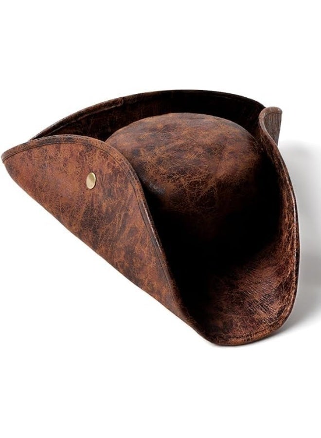 Pirate Tricorn Hat - Brown Faux Leather Vintage Wrinkle Distressed for Men Women - Cosplay and Party - Image 2