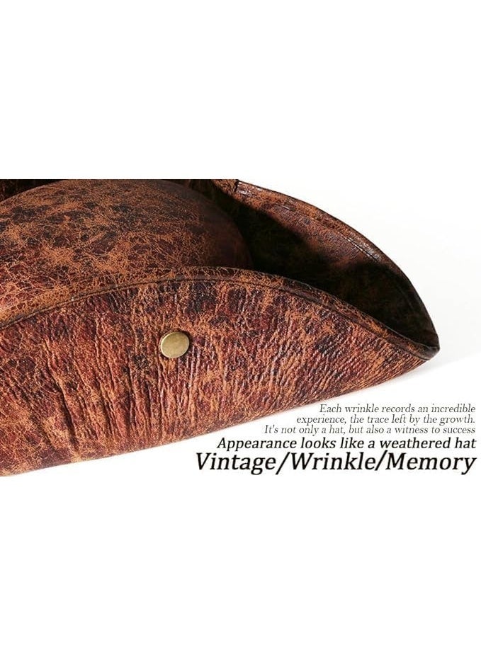 Pirate Tricorn Hat - Brown Faux Leather Vintage Wrinkle Distressed for Men Women - Cosplay and Party - Image 3
