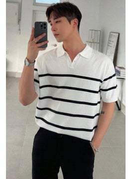 Cool Tarz Cool Style Men's Buttoned Polo Collar Striped Detail Slim Fit Knitwear T-Shirt  - Image 1