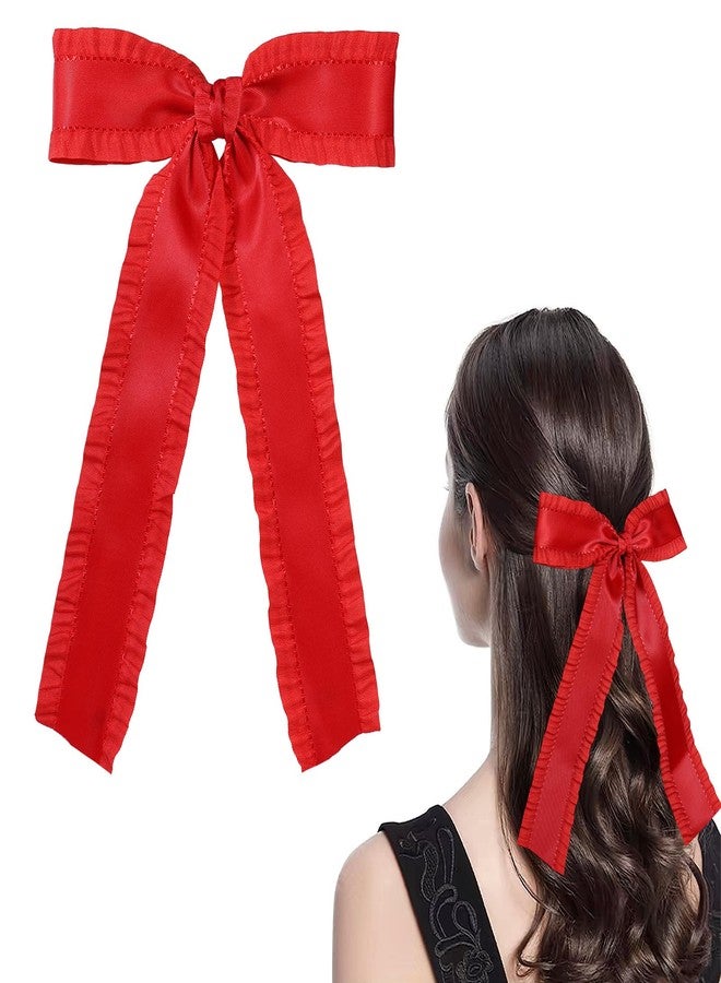 Miroksh Red 5.5″Satin Ruffle Tassel Hair Bows, Big Bowknot Alligator Clips With Long Tail, Christmas New Year Valentine’s Hair Accessories Gift For Women Girls - Image 1