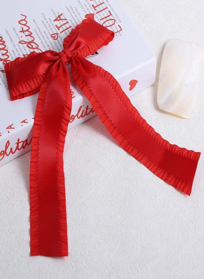 Miroksh Red 5.5″Satin Ruffle Tassel Hair Bows, Big Bowknot Alligator Clips With Long Tail, Christmas New Year Valentine’s Hair Accessories Gift For Women Girls - Image 2