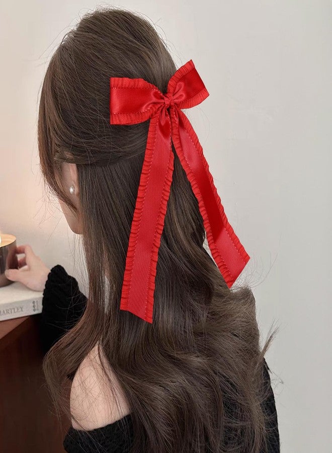 Miroksh Red 5.5″Satin Ruffle Tassel Hair Bows, Big Bowknot Alligator Clips With Long Tail, Christmas New Year Valentine’s Hair Accessories Gift For Women Girls - Image 4