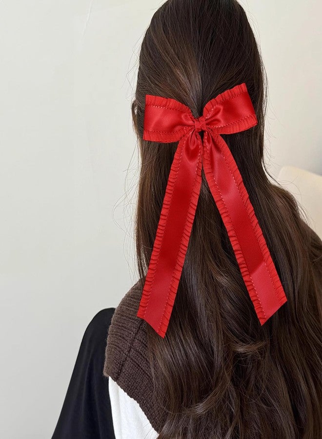 Miroksh Red 5.5″Satin Ruffle Tassel Hair Bows, Big Bowknot Alligator Clips With Long Tail, Christmas New Year Valentine’s Hair Accessories Gift For Women Girls - Image 3