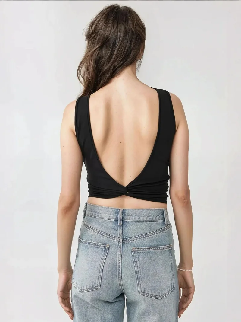 HICCUP Slim Fit Boat Neck Crop Top with Back Detail