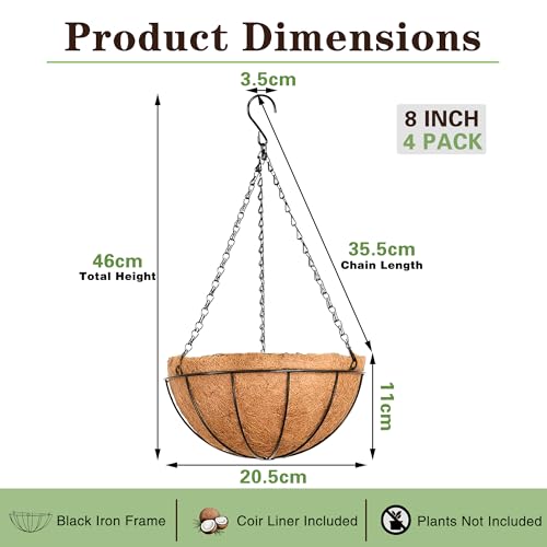 EIMQUVW Outdoor Metal Hanging Planters Basket (4pack, 8 inch) Hanging Baskets for Plants Chain Round Wire Plant Holder with Coco Fiber Liners for Garden, Patio, Deck, Porch - Image 4