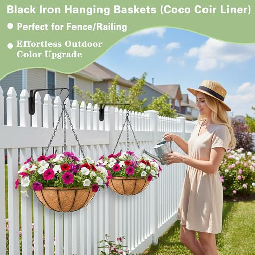 EIMQUVW Outdoor Metal Hanging Planters Basket (4pack, 8 inch) Hanging Baskets for Plants Chain Round Wire Plant Holder with Coco Fiber Liners for Garden, Patio, Deck, Porch - Image 2