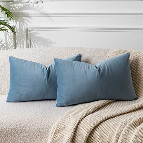 JUSPURBET Light Blue Lumbar Velvet Throw Pillow Covers 16x24 inch Set of 2 for Living Room Couch Sofa Bedroom Decorative Rectangle Solid Soft Cushion Cases with Invisible Zipper