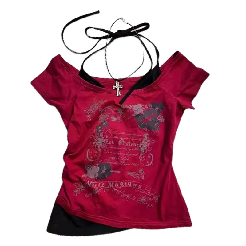 MANGMAO Emo Grunge Shirts Women 2000s Graphic Baby Tees Short Sleeve Vintage Y2k Crop Tops Fake Two Piece Alt Clothes (Red,M,Medium) - Image 1