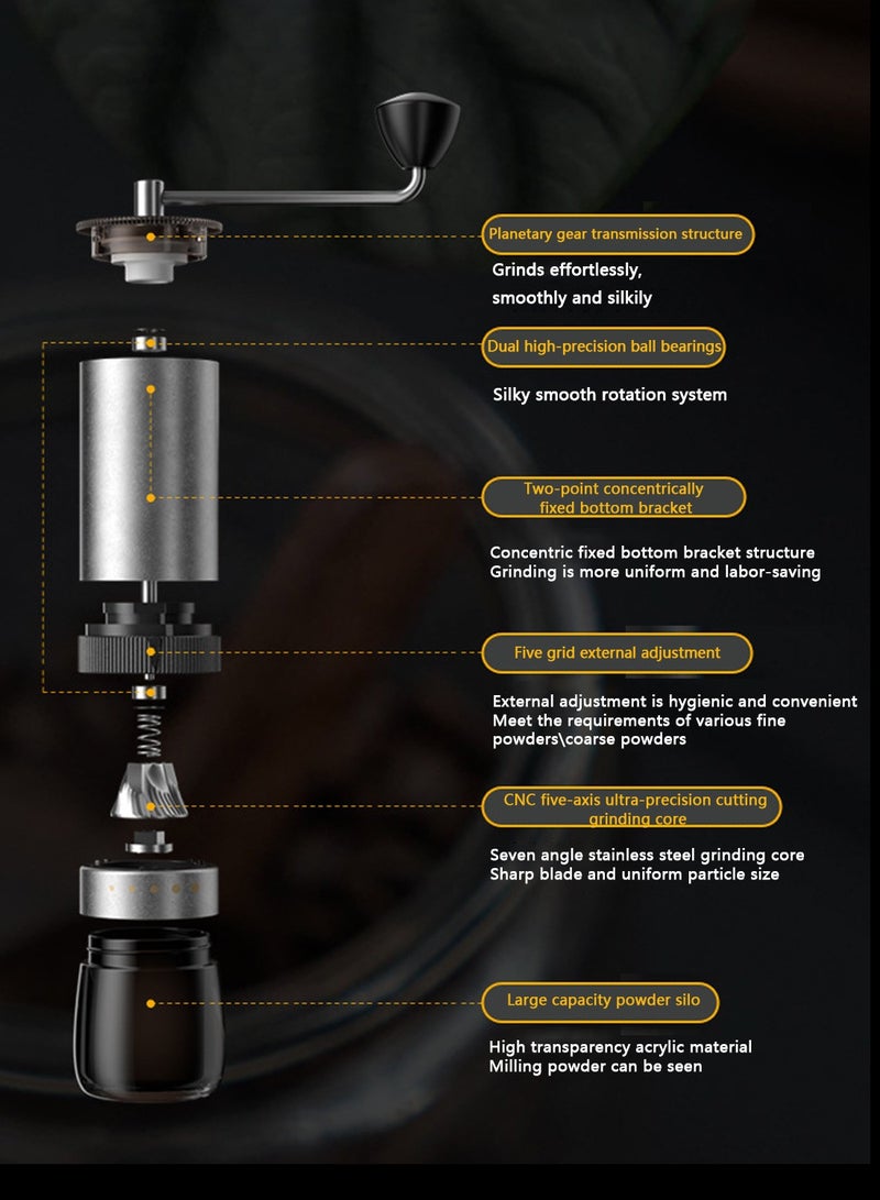 EqiEch V60 Manual Bean Coffee Grinder 7 Stars Stainless Steel Burr Capacity 30g Dual Bearing Positioning External Adjustable Setting For Home Office Cafe - Image 5