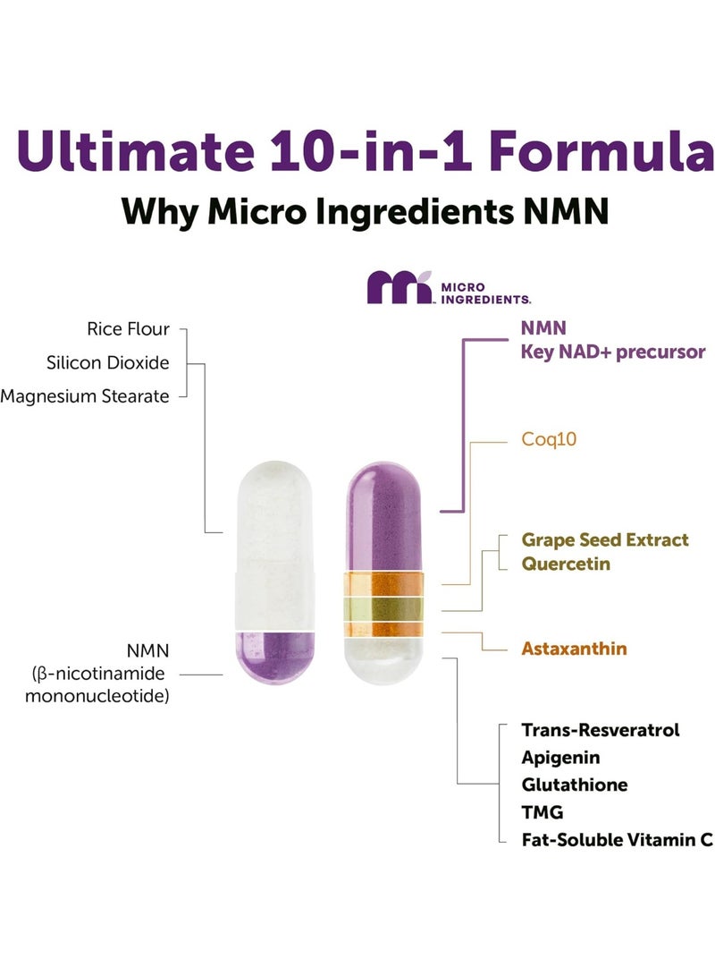 Micro Ingredients NMN Complex 1000mg Per Serving, 120 Veggie Capsules | 10-in-1 with Nicotinamide Mononucleotide, Resveratrol, CoQ10, Quercetin & Glutathione | NAD+ Supplement Precursor | Filler Free - Image 2