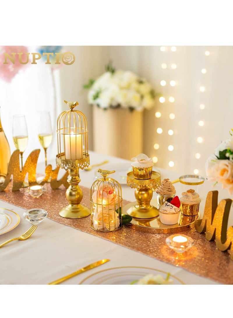 SYOSI Candle Holders for Pillar Candles, Decorative Metallic Bird Cage Ornament Gold Vintage Candlestick Holders Set of 2 for Tables Bedroom Cafe Table Home Decor Wedding  - Image 2
