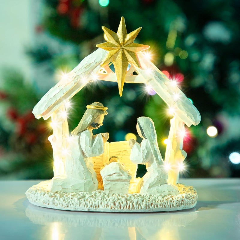 BUTITNOW Nativity Scene with Lights, Sculpted Hand Painted Nativity Figure - First Christmas Story Decoration Holiday Manger Little People Nativity Set for Indoor Home Display, Tabletop - Image 1