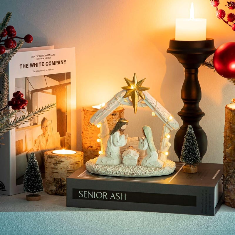 BUTITNOW Nativity Scene with Lights, Sculpted Hand Painted Nativity Figure - First Christmas Story Decoration Holiday Manger Little People Nativity Set for Indoor Home Display, Tabletop - Image 3