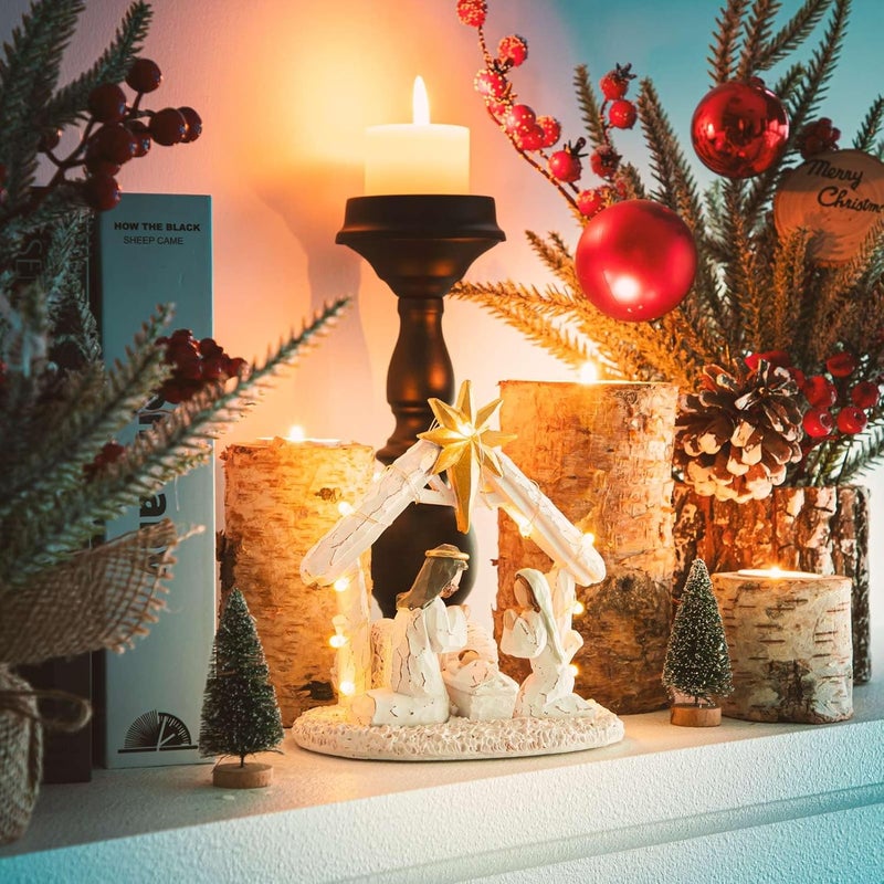 BUTITNOW Nativity Scene with Lights, Sculpted Hand Painted Nativity Figure - First Christmas Story Decoration Holiday Manger Little People Nativity Set for Indoor Home Display, Tabletop - Image 4