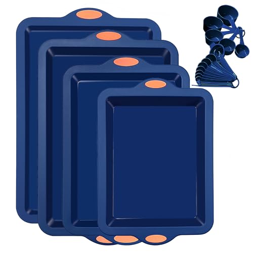 To encounter Silicone Baking Pans Set 4 Pieces Nonstick Bakeware Set with Baking Pans Baking Sheets Cookie Sheets Cake Pan with Grips and Metal Reinforced Frame More Strength Navy Blue