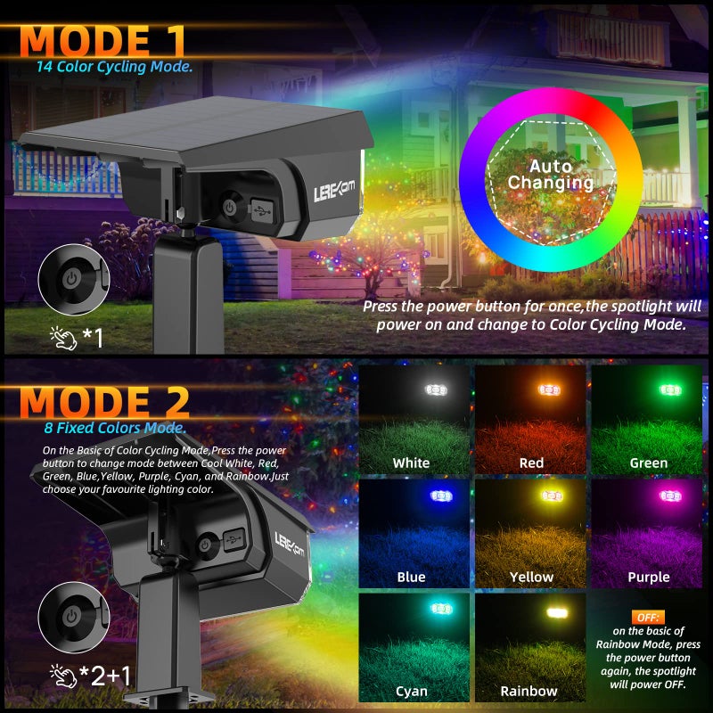 LEREKAM أضواء ليركام الشمسية الخارجية، 40 مصباح LED بتغيير الألوان RGB، أضواء مسار ملونة تعمل بالطاقة الشمسية وUSB، 14 لونًا بتدوير تلقائي للحديقة، 2 عبوة - Image 5